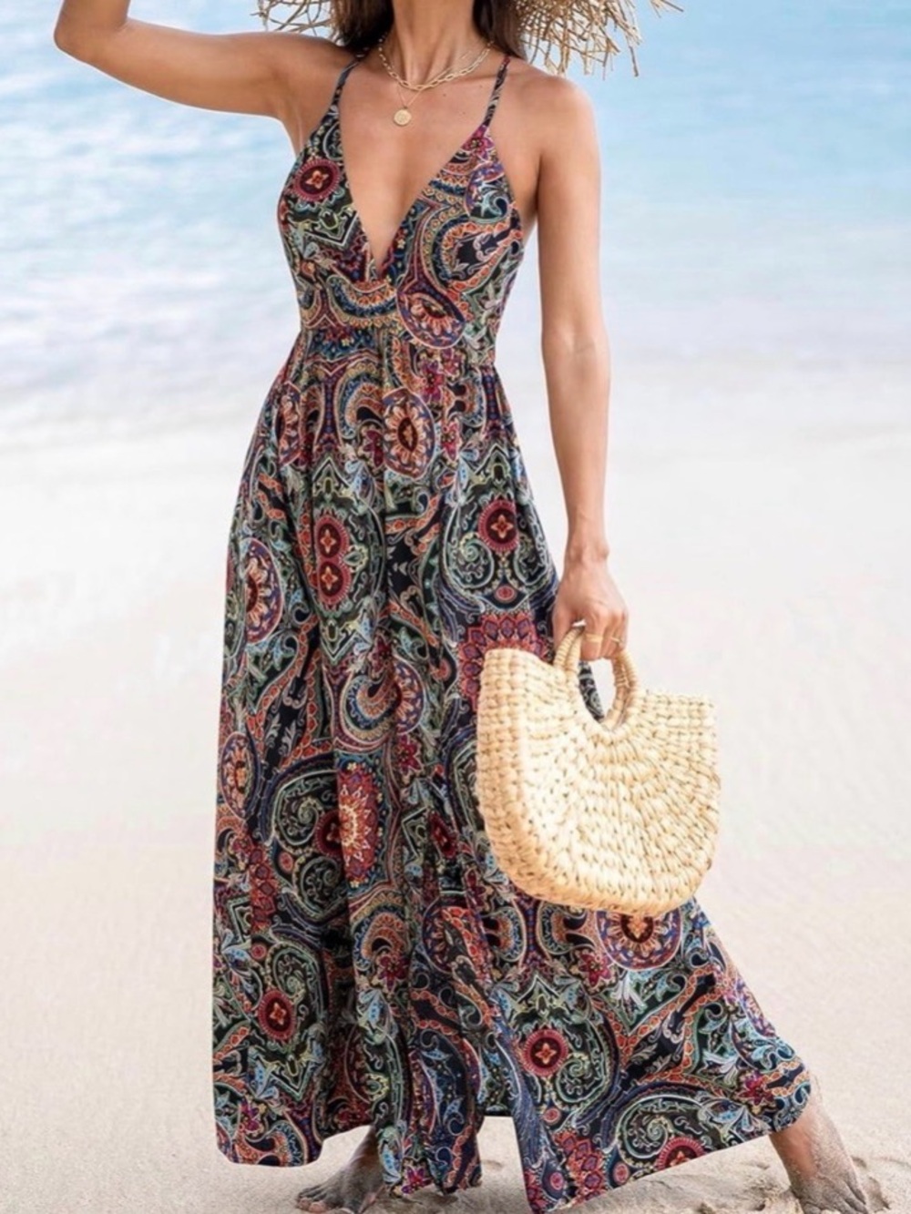 Cupshe Boho Multicolor Paisley Deep V Spaghetti Strap Maxi Dress